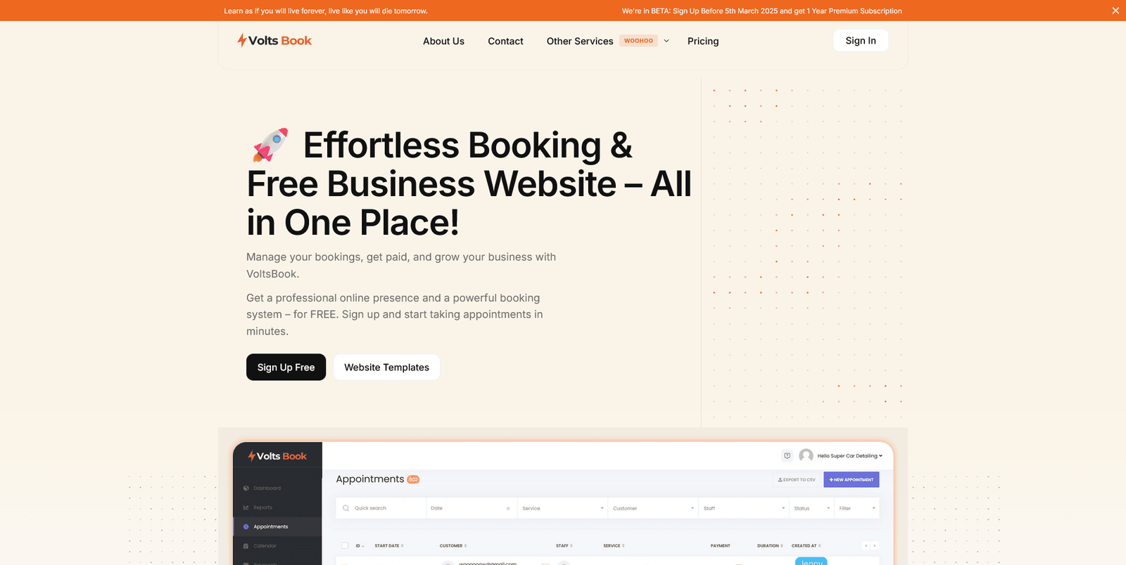 VoltsBook booking and business website dashboard