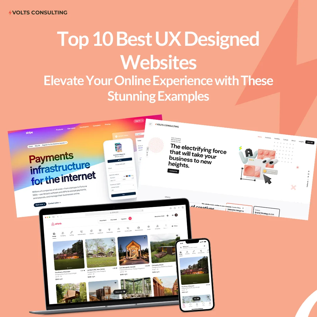 A collection of top UX-designed websites including Stripe, Airbnb, and Volts Consulting displayed on multiple devices.