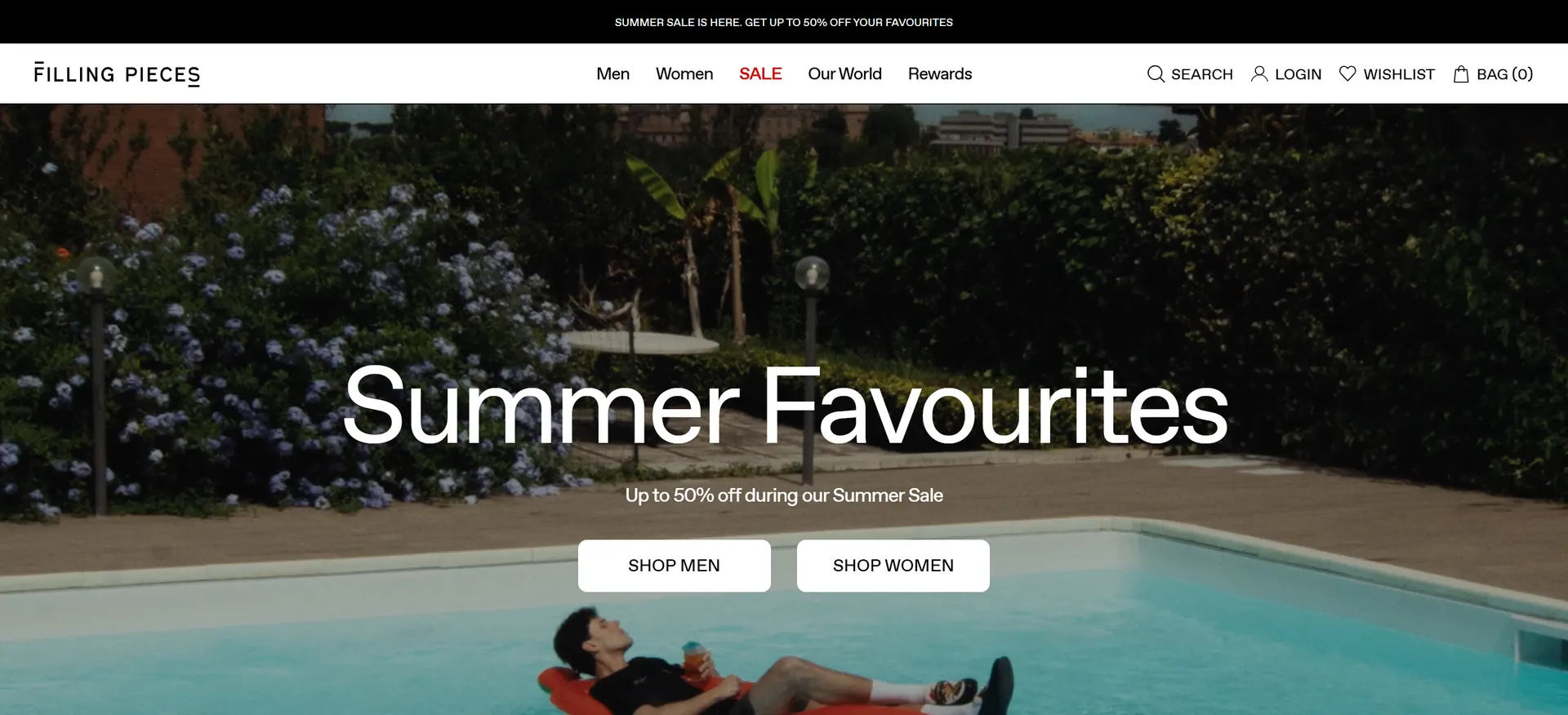 Filling Pieces homepage on desktop: a full-bleed summer campaign image behind the 'Summer Favourites' headline with Shop Men and Shop Women buttons and a minimal Men / Women / Sale navigation