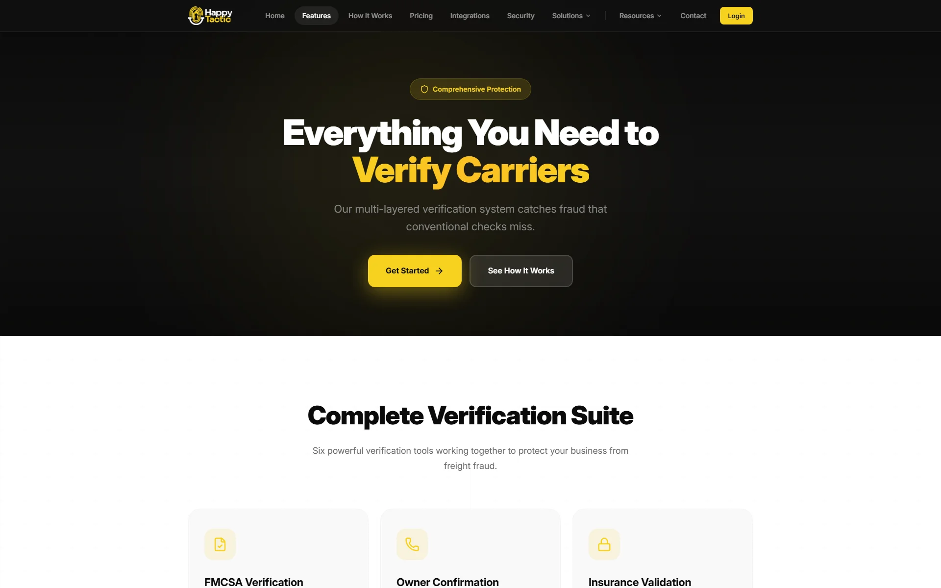 The Happytactic features page: the headline 'Everything You Need to Verify Carriers' above the start of the Complete Verification Suite section