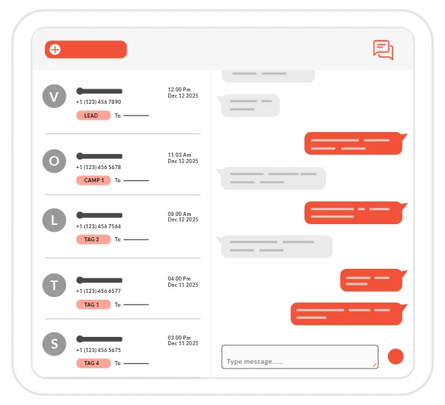 Volts Connect threaded SMS inbox with a conversation list and chat‑style message bubbles