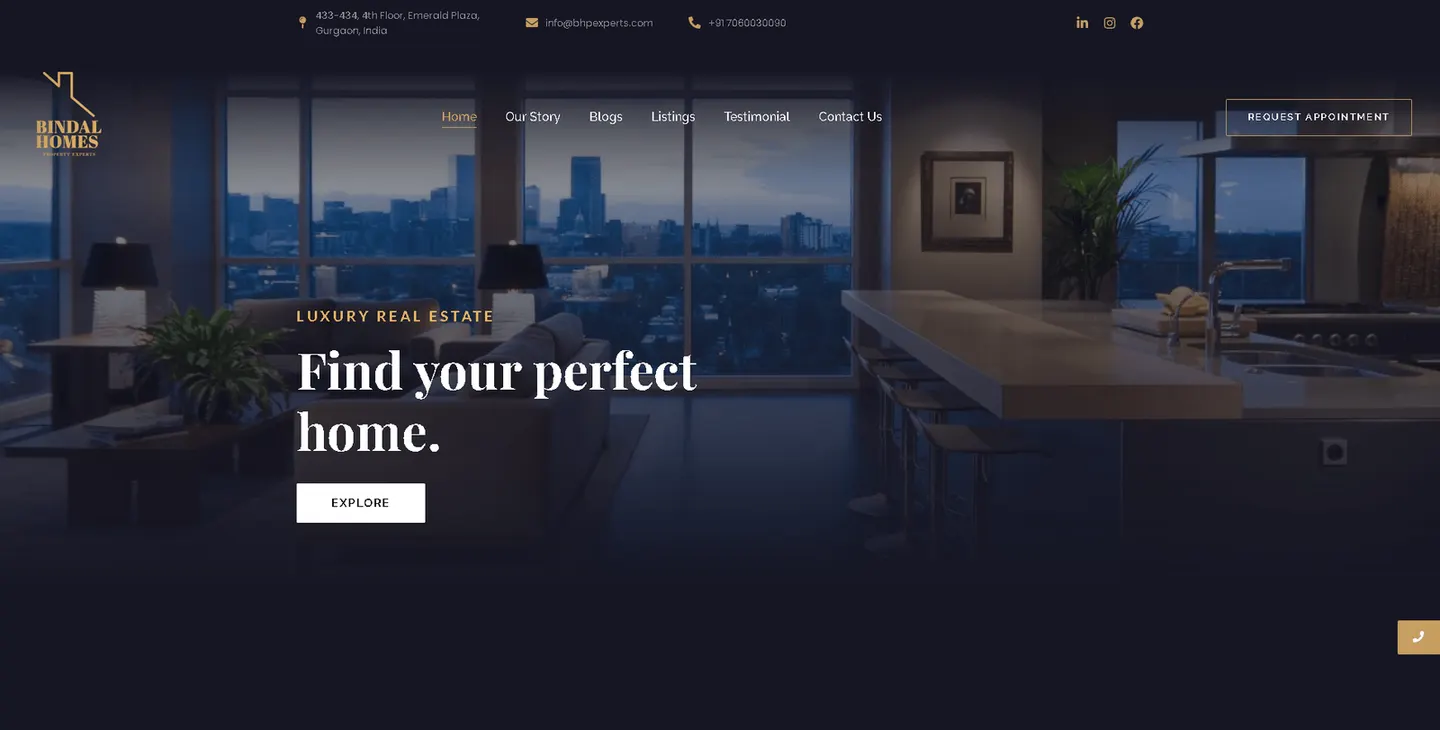 Bindal Homes homepage: a dusk apartment interior behind the gold 'Bindal Homes' logo, a navigation bar, the eyebrow 'Luxury Real Estate', a serif headline reading 'Find your perfect home.' and an Explore button