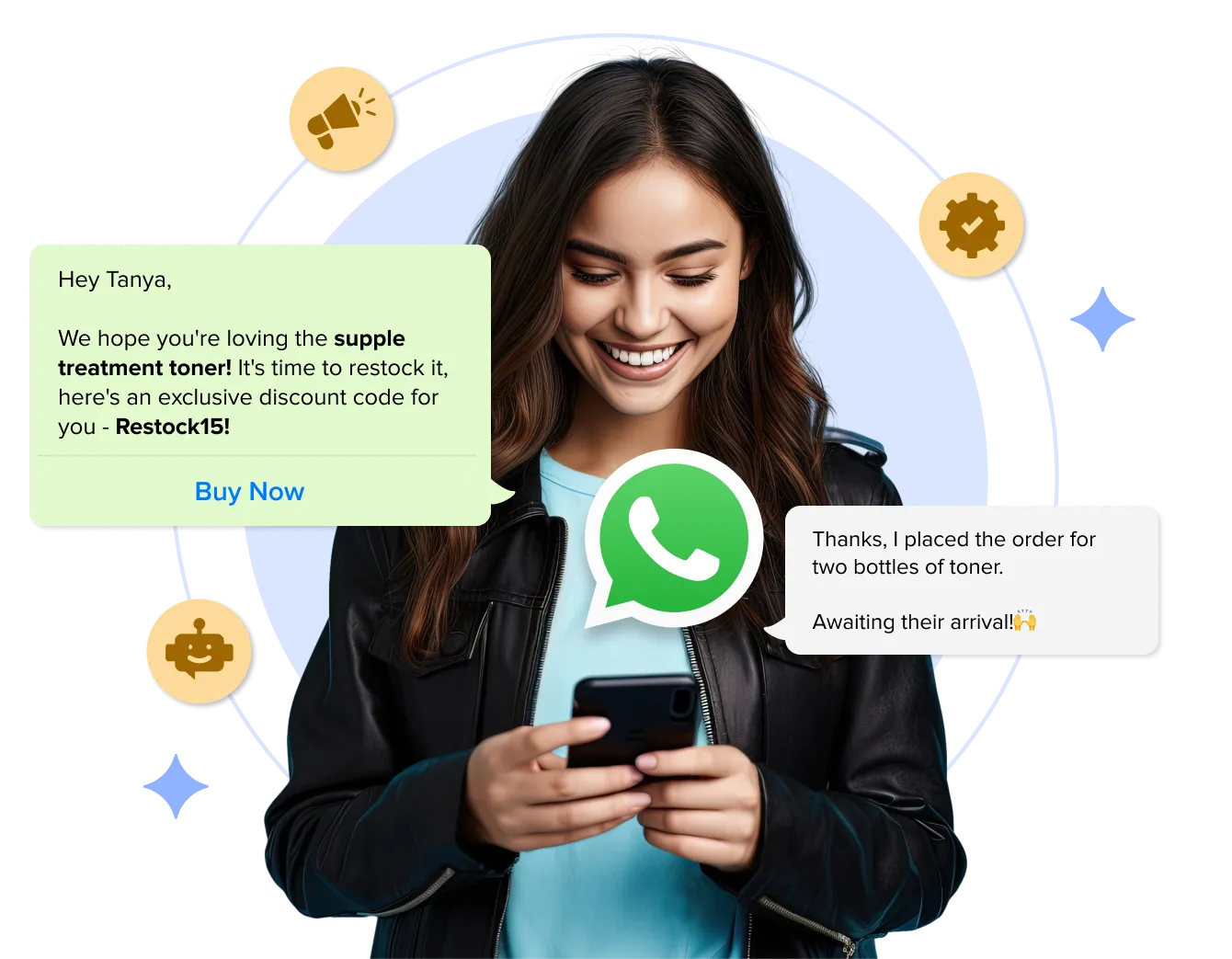 Customer engaging with a WhatsApp marketing campaign on a phone